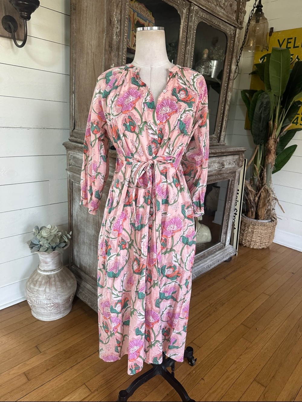 JANE VALKEN CORAL FLOWER BELTED DRESS LIGHTWEIGHT LARGE NEW POCKETS